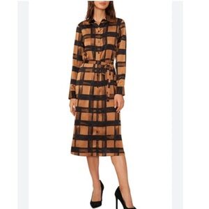 HALOGEN Plaid Long Sleeve Satin Shirtdress In Desert Camel Sz 1 (L)